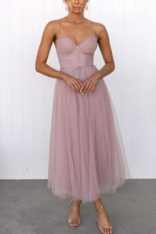 Tulle Corset Tie Waist Midi Dress