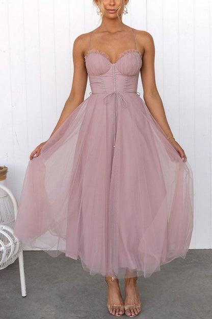 Tulle Corset Tie Waist Midi Dress