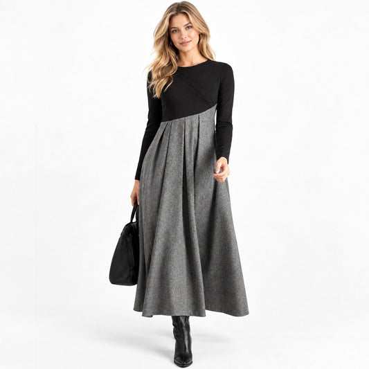 Tweed Pleated Long Sleeve Maxi Dress