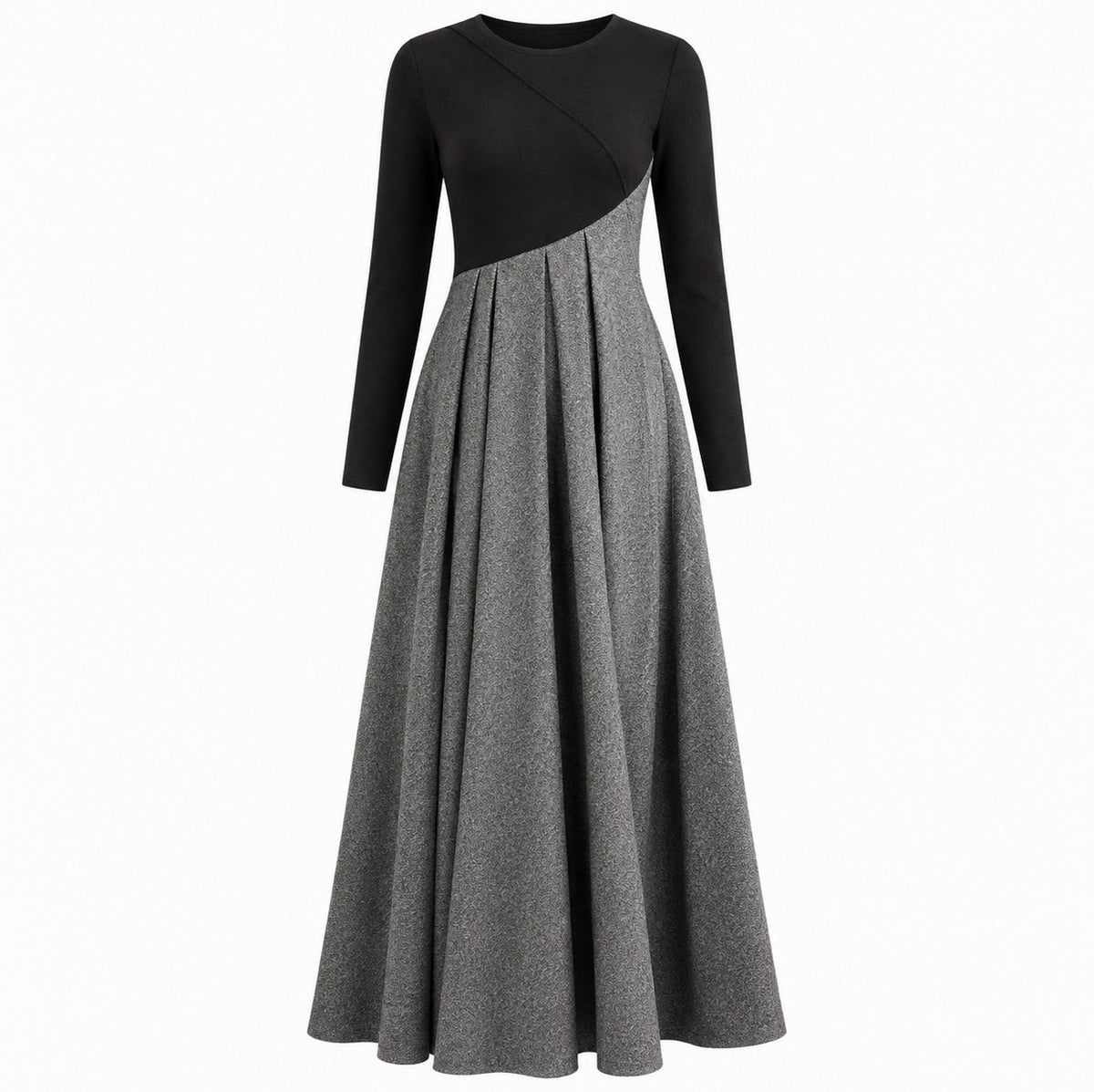 Tweed Pleated Long Sleeve Maxi Dress