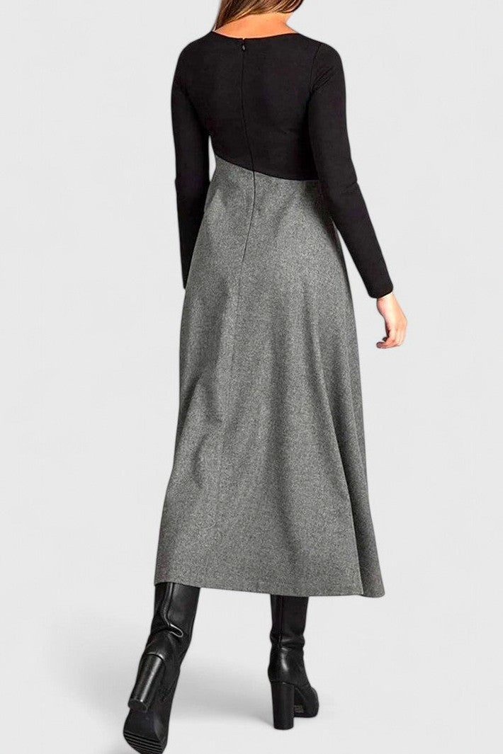 Tweed Pleated Long Sleeve Maxi Dress