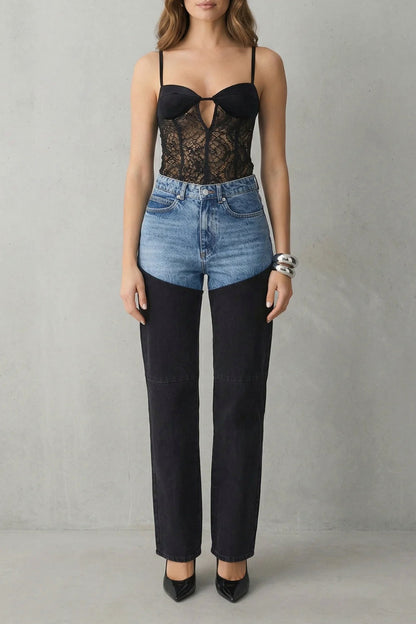 Two Tone Paneled Straight Leg Jeans