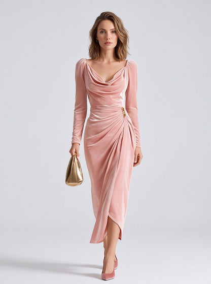 Velvet Cowl Neck Ruched Midi Dress