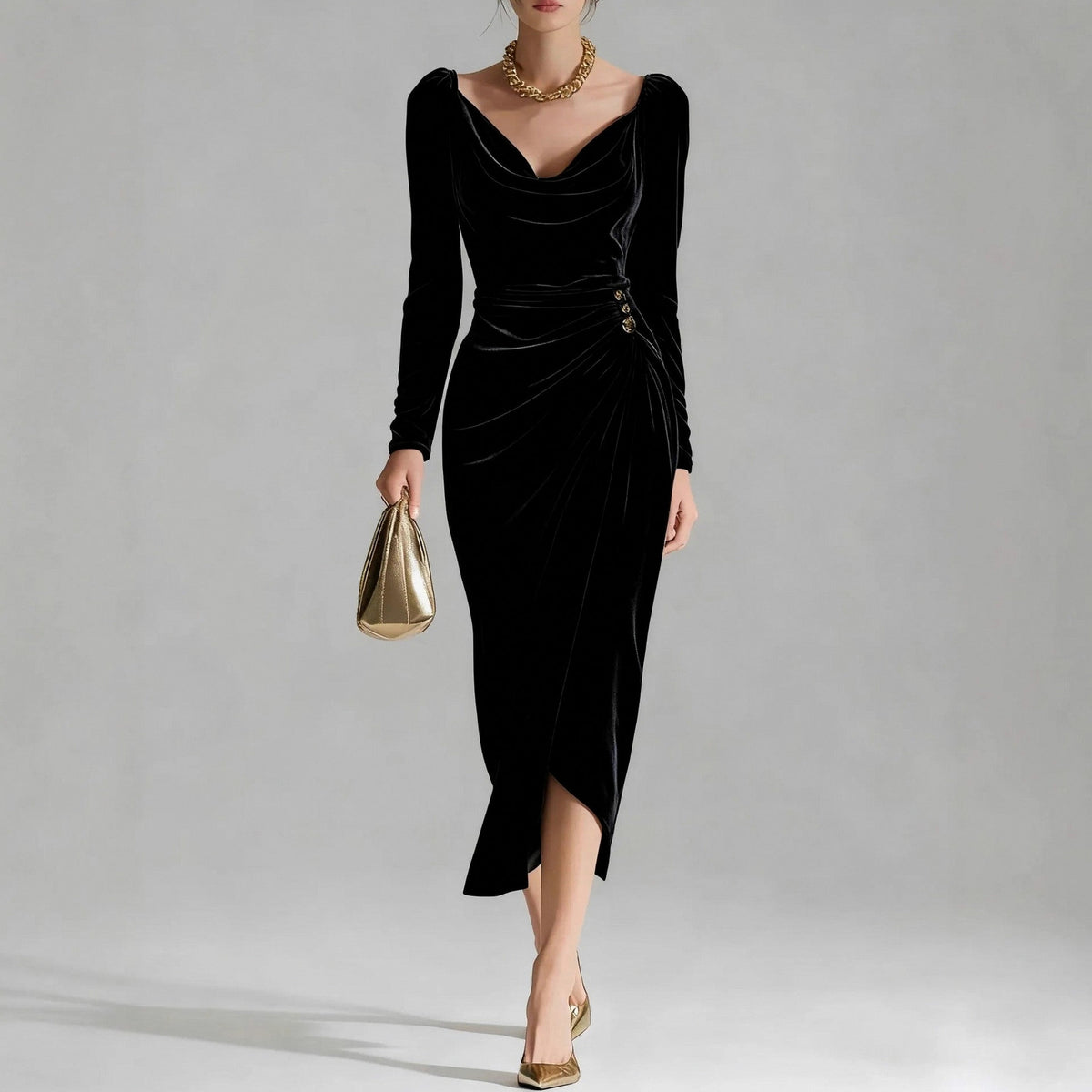 Velvet Cowl Neck Ruched Midi Dress