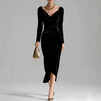 Velvet Cowl Neck Ruched Midi Dress