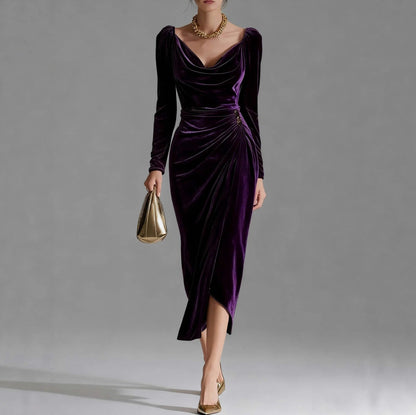 Velvet Cowl Neck Ruched Midi Dress