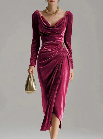 Velvet Cowl Neck Ruched Midi Dress