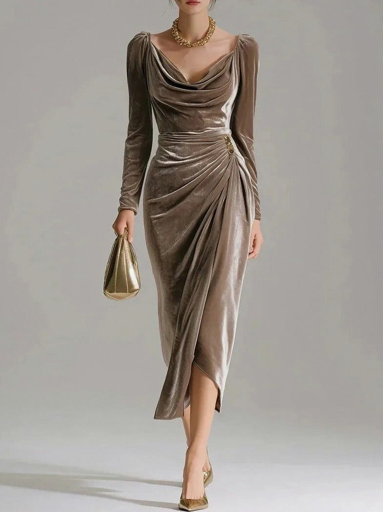 Velvet Cowl Neck Ruched Midi Dress