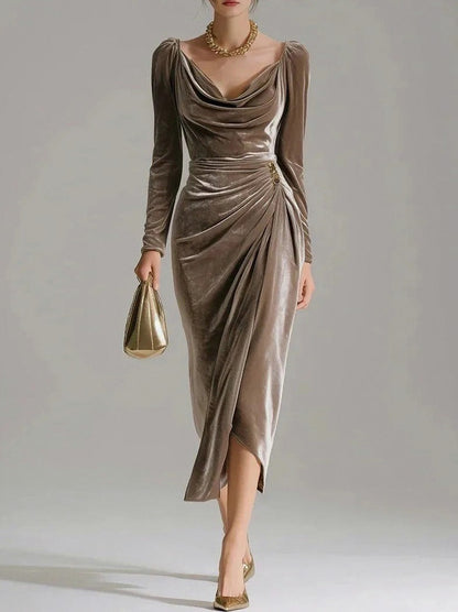 Velvet Cowl Neck Ruched Midi Dress