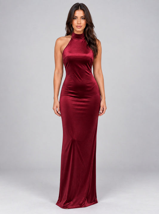 Velvet Halter Column Maxi Dress
