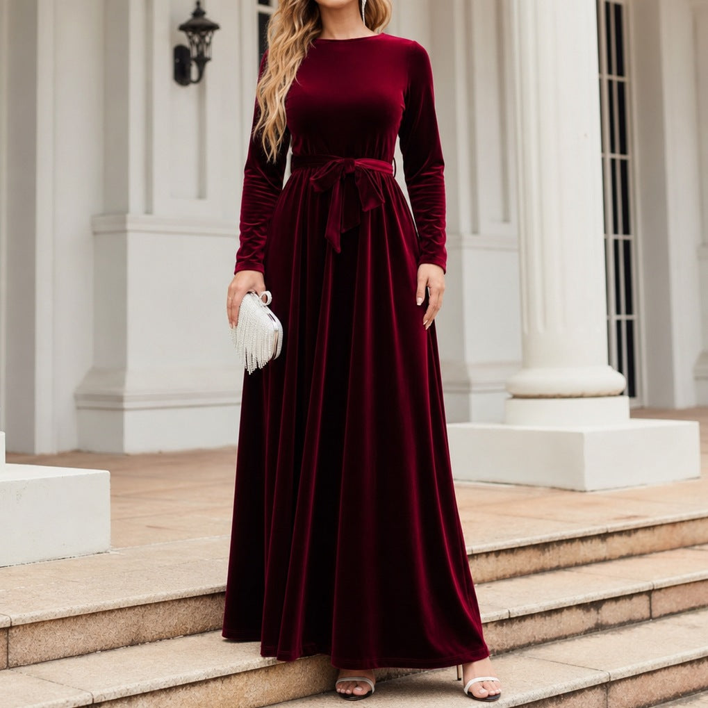 Velvet Long Sleeve Tie Waist Maxi Dress