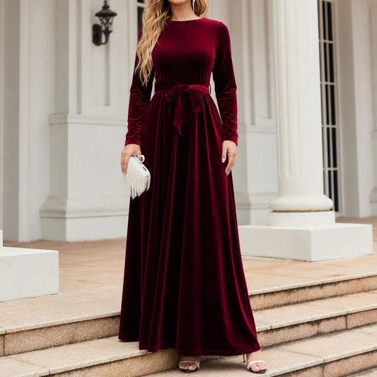 Velvet Long Sleeve Tie Waist Maxi Dress