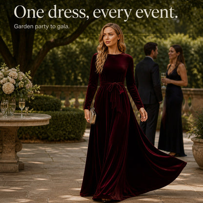 Velvet Long Sleeve Tie Waist Maxi Dress