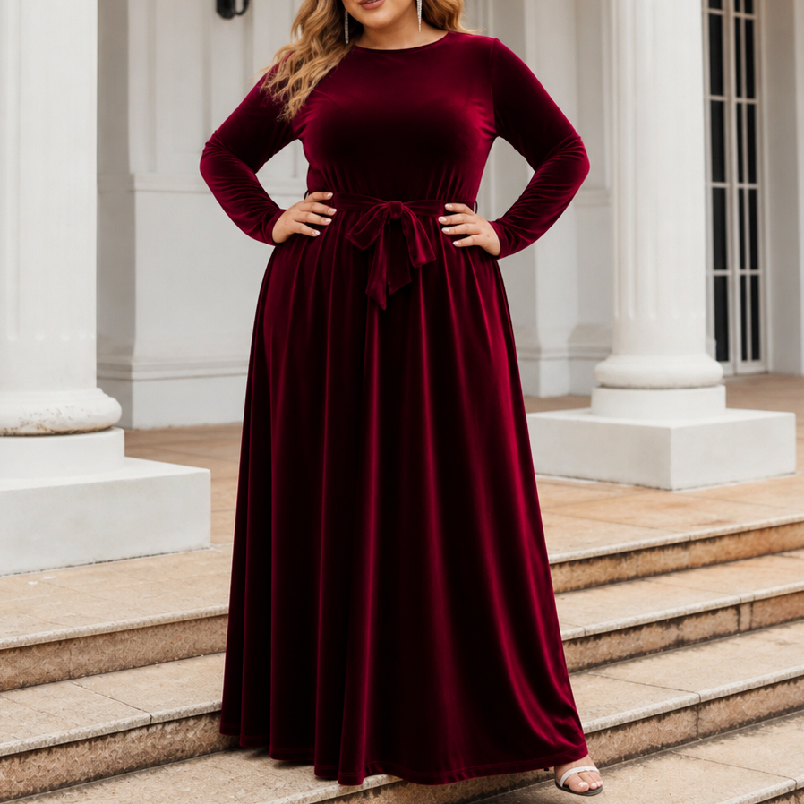 Velvet Long Sleeve Tie Waist Maxi Dress
