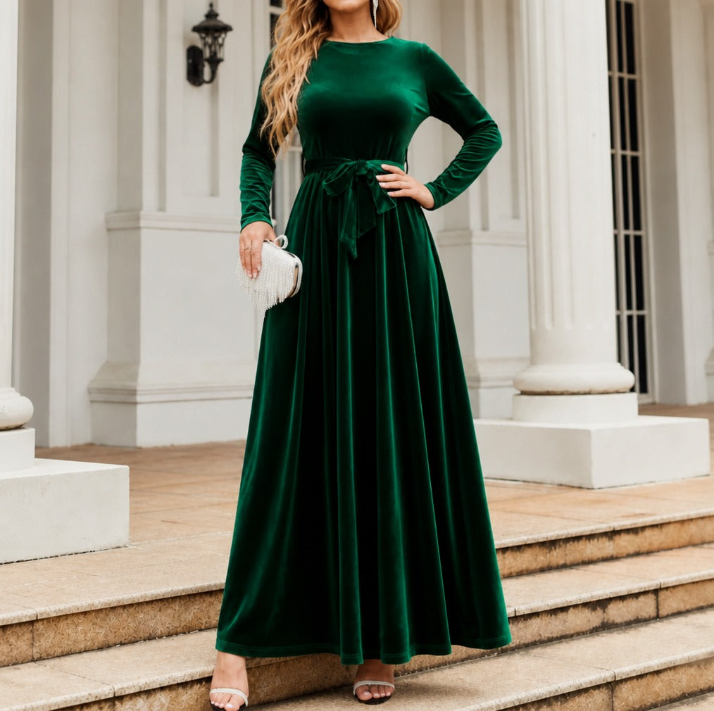 Velvet Long Sleeve Tie Waist Maxi Dress
