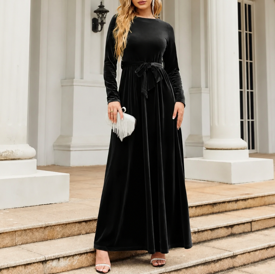 Velvet Long Sleeve Tie Waist Maxi Dress