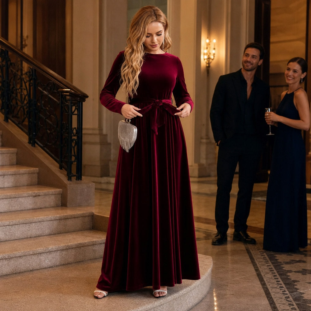 Velvet Long Sleeve Tie Waist Maxi Dress