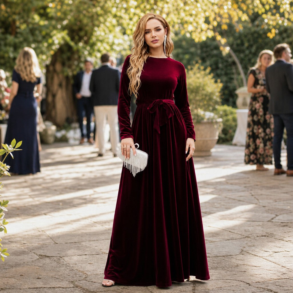 Velvet Long Sleeve Tie Waist Maxi Dress