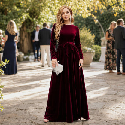 Velvet Long Sleeve Tie Waist Maxi Dress