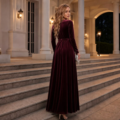 Velvet Long Sleeve Tie Waist Maxi Dress