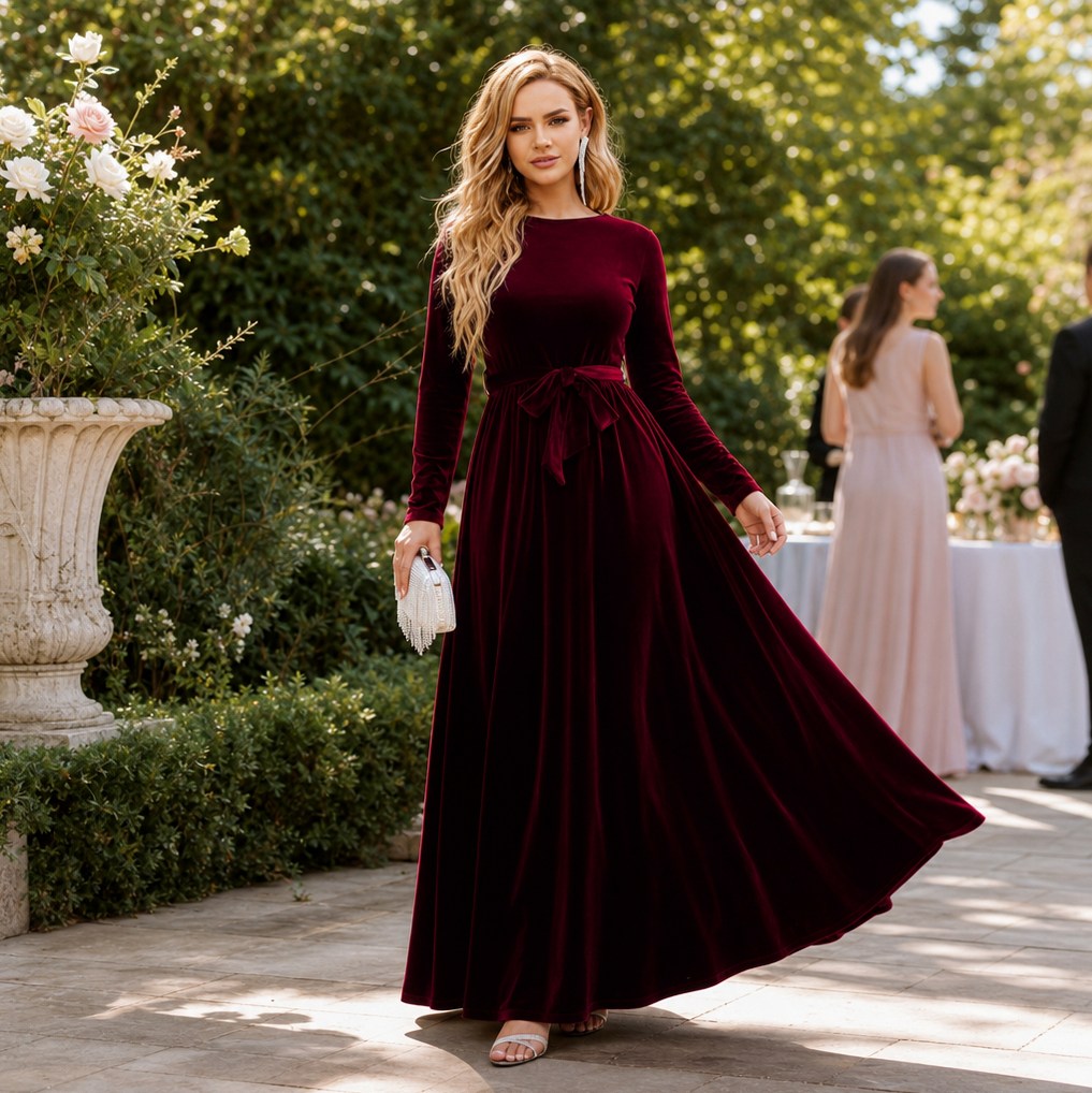 Velvet Long Sleeve Tie Waist Maxi Dress