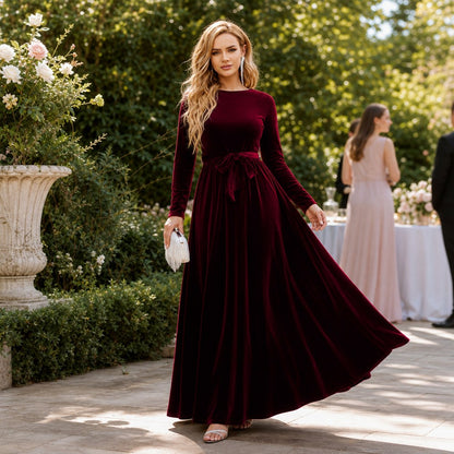 Velvet Long Sleeve Tie Waist Maxi Dress