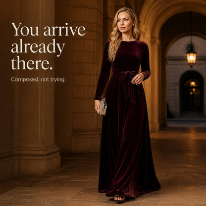 Velvet Long Sleeve Tie Waist Maxi Dress