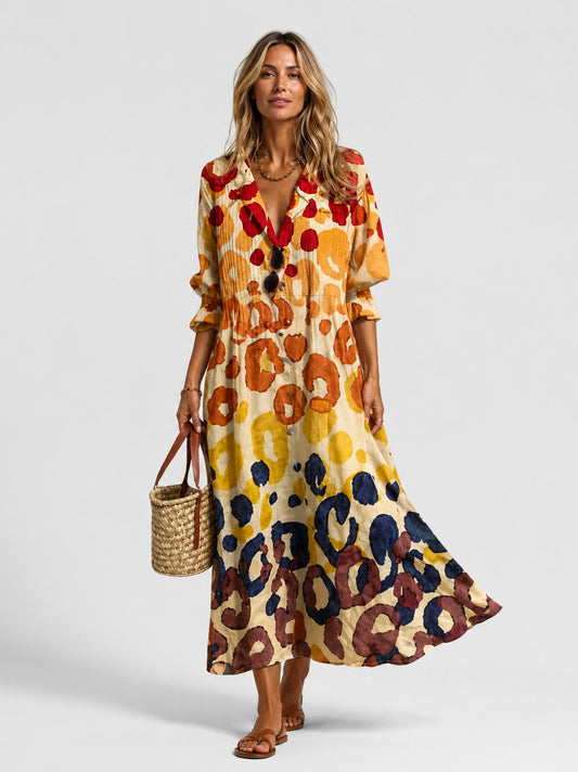 3/4 Sleeve Watercolor Circle Pleated Maxi Dress
