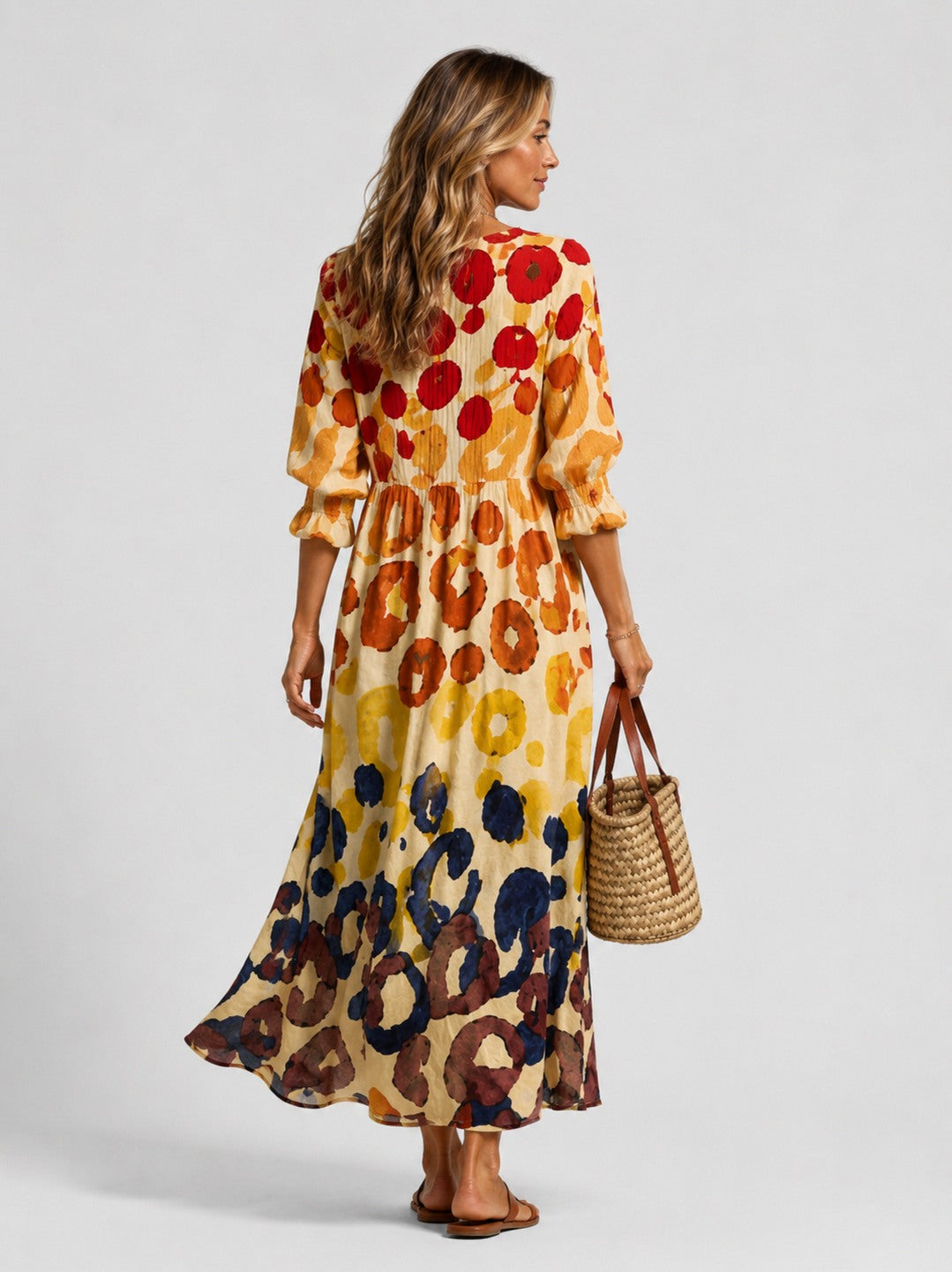 3/4 Sleeve Watercolor Circle Pleated Maxi Dress