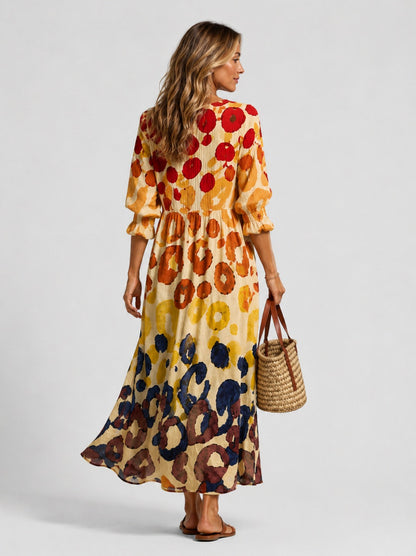3/4 Sleeve Watercolor Circle Pleated Maxi Dress