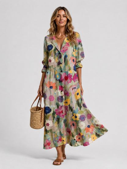 3/4 Sleeve Watercolor Circle Pleated Maxi Dress