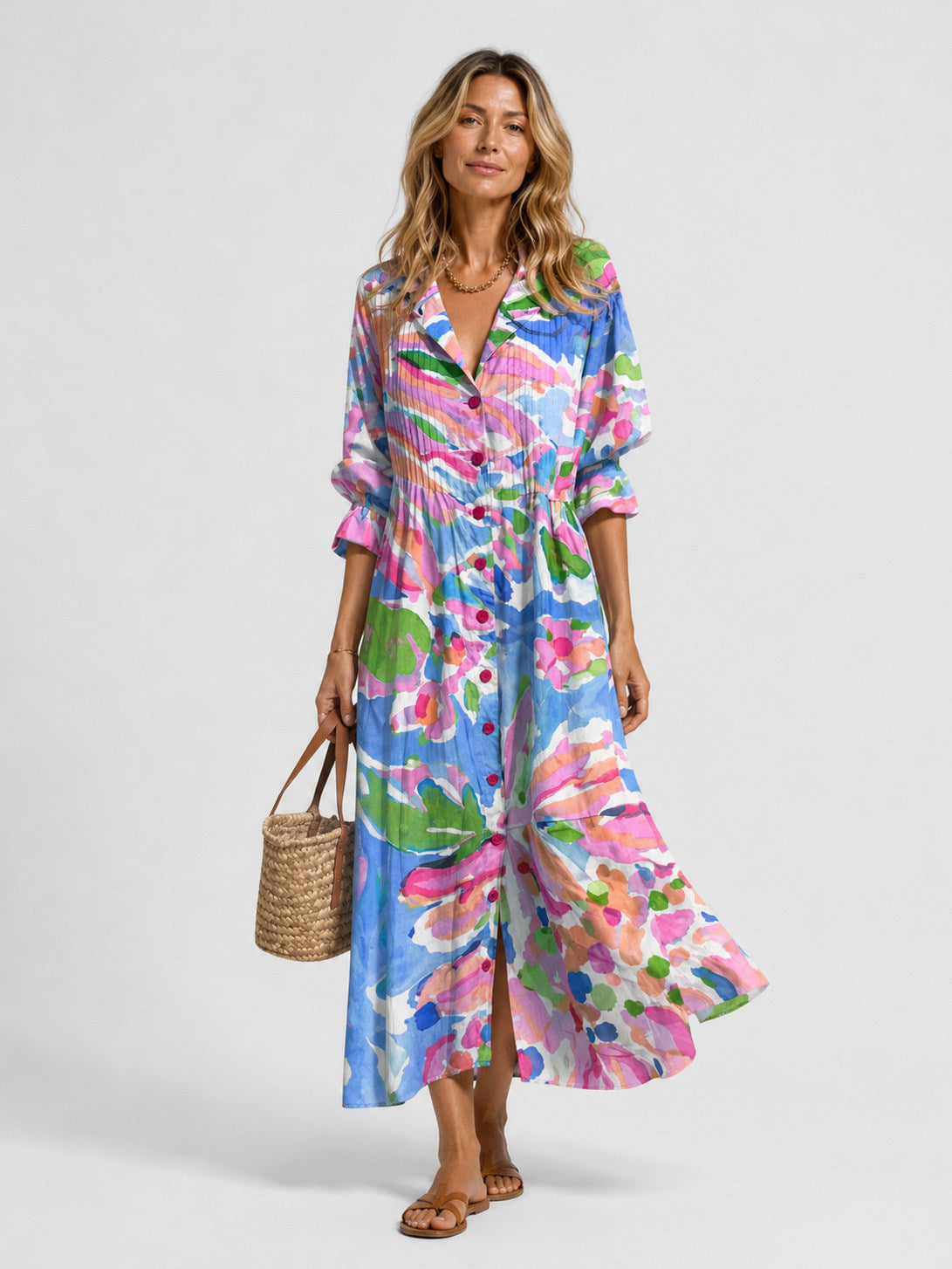 3/4 Sleeve Watercolor Circle Pleated Maxi Dress