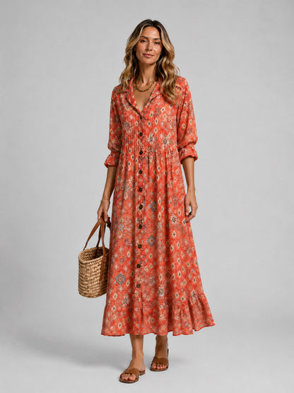 3/4 Sleeve Watercolor Circle Pleated Maxi Dress