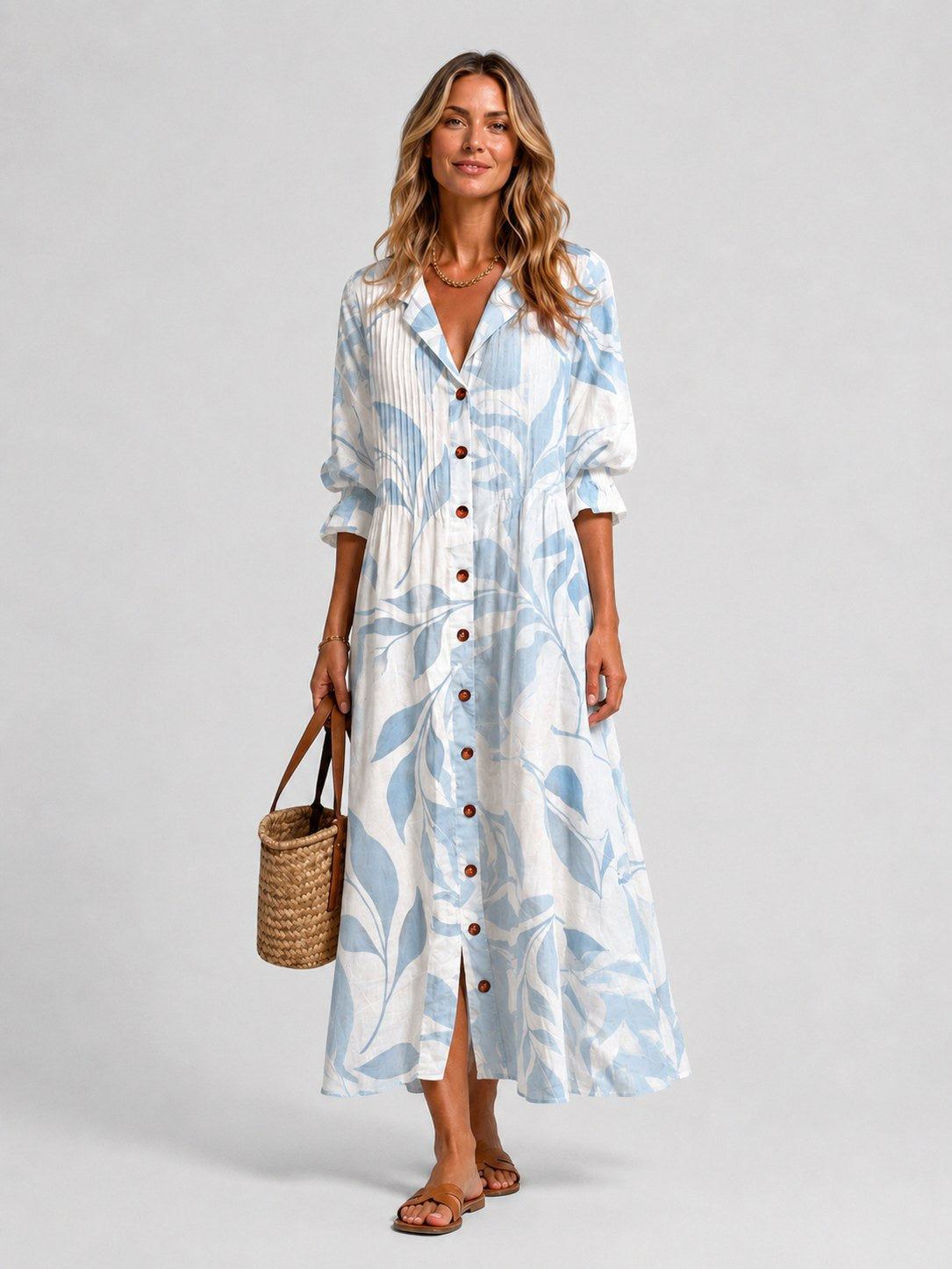 3/4 Sleeve Watercolor Circle Pleated Maxi Dress