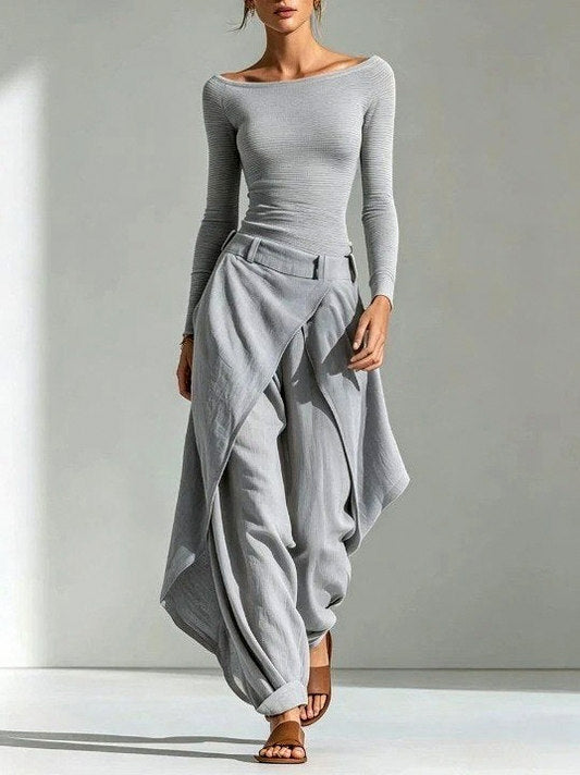 Long Sleeve Wrap Overlap Draped Wide Leg Pants