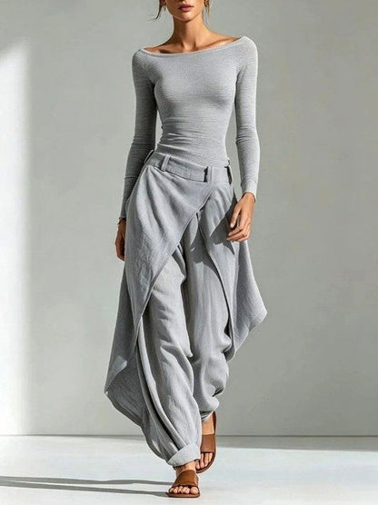 Long Sleeve Wrap Overlap Draped Wide Leg Pants