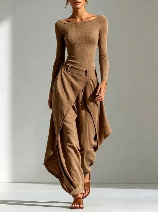 Long Sleeve Wrap Overlap Draped Wide Leg Pants