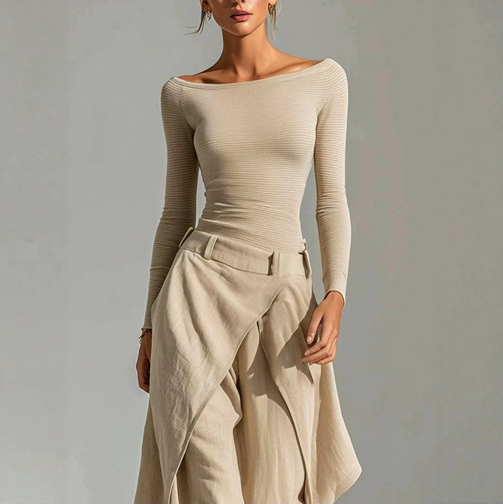 Long Sleeve Wrap Overlap Draped Wide Leg Pants