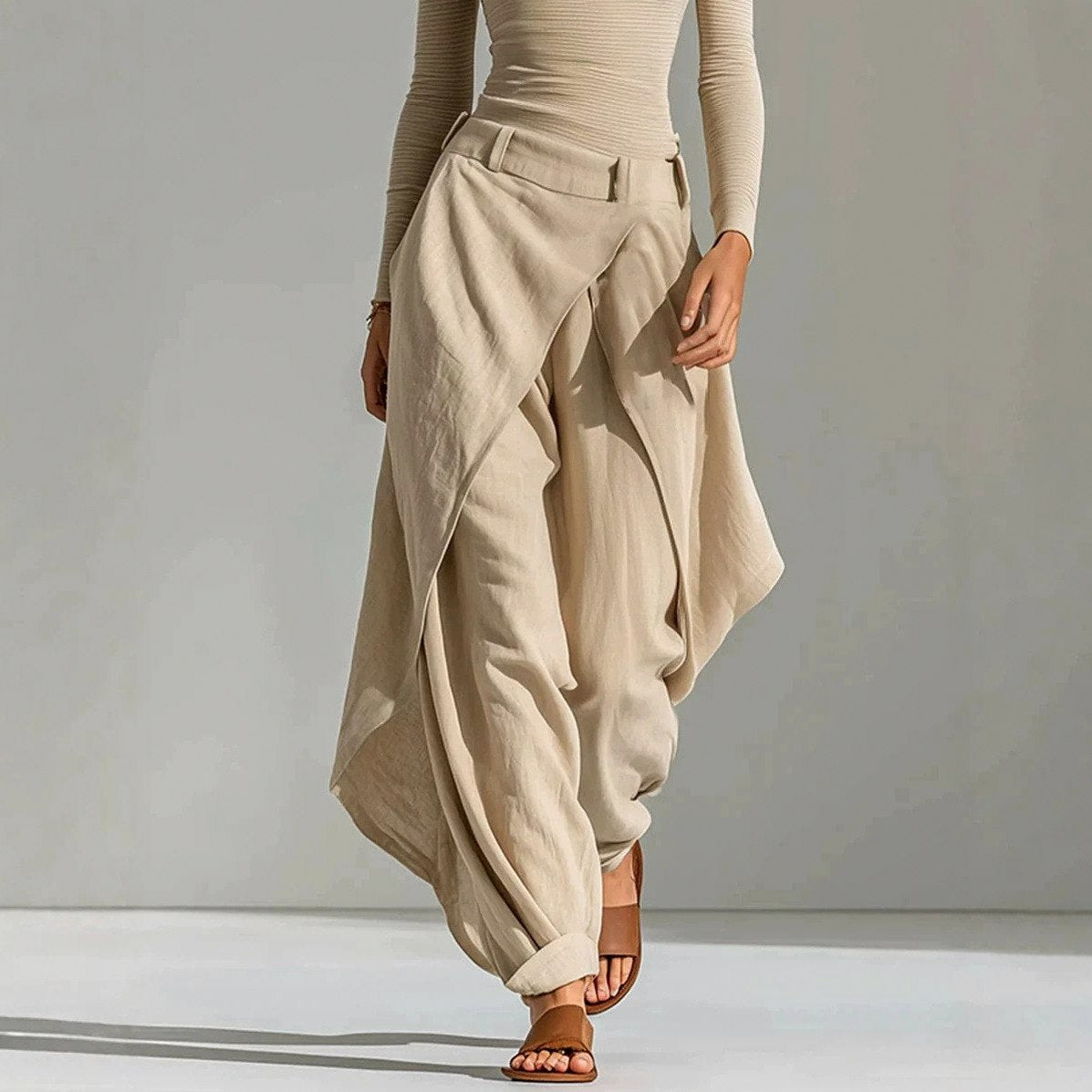 Long Sleeve Wrap Overlap Draped Wide Leg Pants